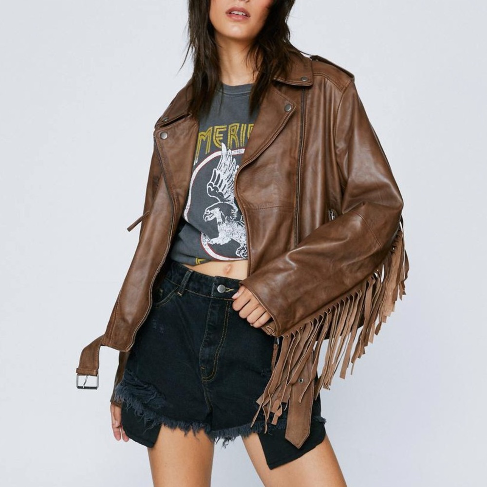 Nasty gal authentic leather fringe biker jacket